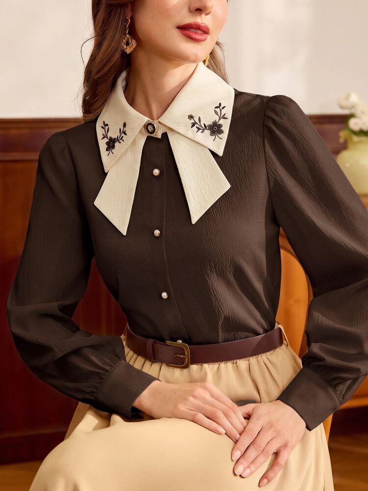 Vintamour Vintage Elegant Women Shirt Embroidered Buttons Casual Commute Vacation Office Brown Fall Autumn Winter Elegant Women's Blouses Cute Tops Christmas - Brown - View 4