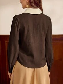 Vintamour 復古優雅女款襯衫，刺繡鈕扣、珍珠領結，適合休閒通勤度假 - 棕色 - 查看 6