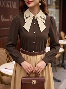 Vintamour 復古優雅女款襯衫，刺繡鈕扣、珍珠領結，適合休閒通勤度假 - 棕色 - 查看 2