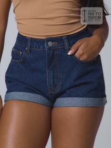 Musera Petite Mid Waist Turn Up Hem Classic Denim Shorts Basics Autumn Fall Cute Streetwear Going Out Casual Core Denim Spring Summer - Dark Wash - View 1