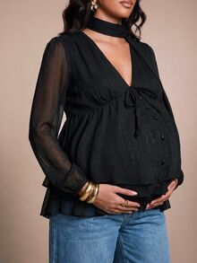 MaterniChic Elegant Black Shimmer Maternity Shirt Fall Chic Top Peplum Tops - Black - View 3