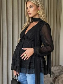 MaterniChic Elegant Black Shimmer Maternity Shirt Fall Chic Top Peplum Tops - Black - View 1