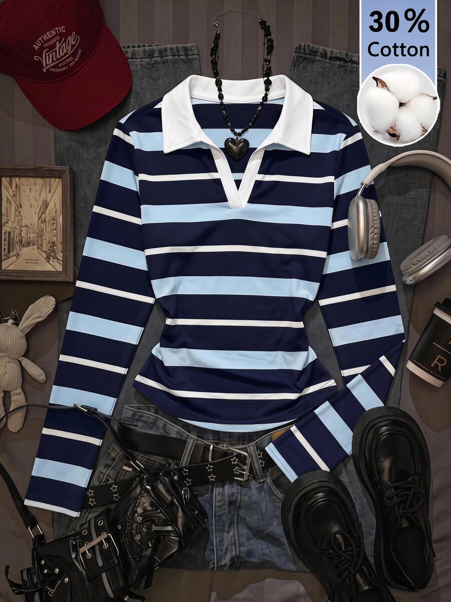 Attitoon Women's Striped Collared Long Sleeve Casual Versatile T-Shirt - Multicolor - View 1