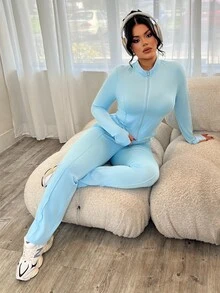 Dayanna Comas Women's Tight-Fitting Zip-Up Cropped Jacket With Mandarin Collar And Flared Pants 2 Pieces Set - Teal Blue - View 5