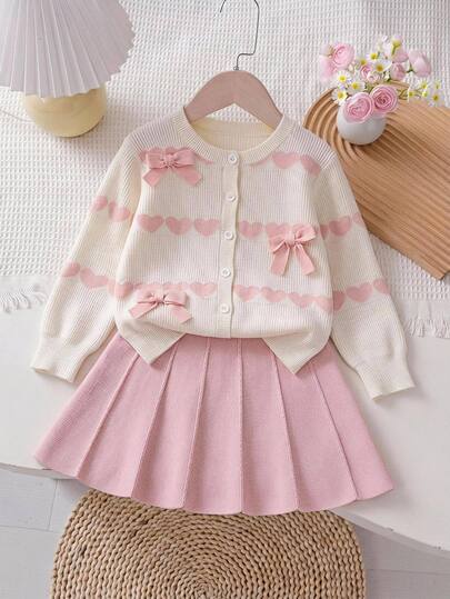 SHEIN Fall Clothes Winter Toddler Girl Pink Sweet Long Sleeve Bow Heart Sweater & Skirt Set, Back To School, Cozy Soft, Festival Outfits Christmas Pullover