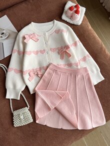 SHEIN 秋冬幼童女童粉色甜美長袖蝴蝶結愛心針織衫與裙子套裝，返校穿搭，舒適柔軟，節慶聖誕套裝套頭衫 - 粉色 - 查看 4