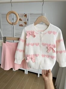 SHEIN 秋冬幼童女童粉色甜美長袖蝴蝶結愛心針織衫與裙子套裝，返校穿搭，舒適柔軟，節慶聖誕套裝套頭衫 - 粉色 - 查看 11
