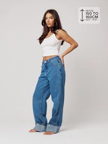 Musera Petite Mid Rise Loose Fitted Mid Rise Turned Up Hem Denim Jeans Autumn Winter Fall Daily Eveyday Core Denim - Medium Wash - View 1
