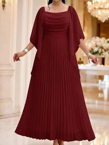 Fleurora Plus Size Elegant Formal Party Formal Evening Solid Color Pleated Dress Wedding Red Autumn Fall - Burgundy - View 4