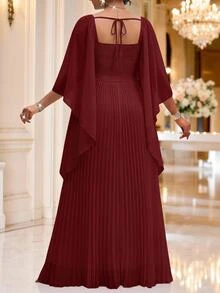 Fleurora Plus Size Elegant Formal Party Formal Evening Solid Color Pleated Dress Wedding Red Autumn Fall - Burgundy - View 2