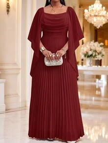 Fleurora Plus Size Elegant Formal Party Formal Evening Solid Color Pleated Dress Wedding Red Autumn Fall - Burgundy - View 1