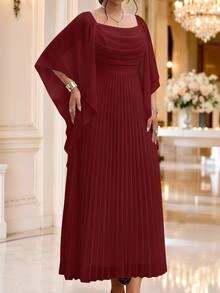 Fleurora Plus Size Elegant Formal Party Formal Evening Solid Color Pleated Dress Wedding Red Autumn Fall - Burgundy - View 6