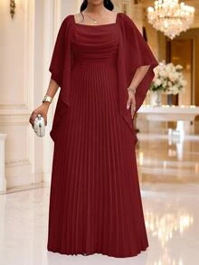 Fleurora Plus Size Elegant Formal Party Formal Evening Solid Color Pleated Dress Wedding Red Autumn Fall - Burgundy - View 7