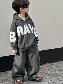Teen Boys Letter Print Sports Hoodie Set - Grey - View 4