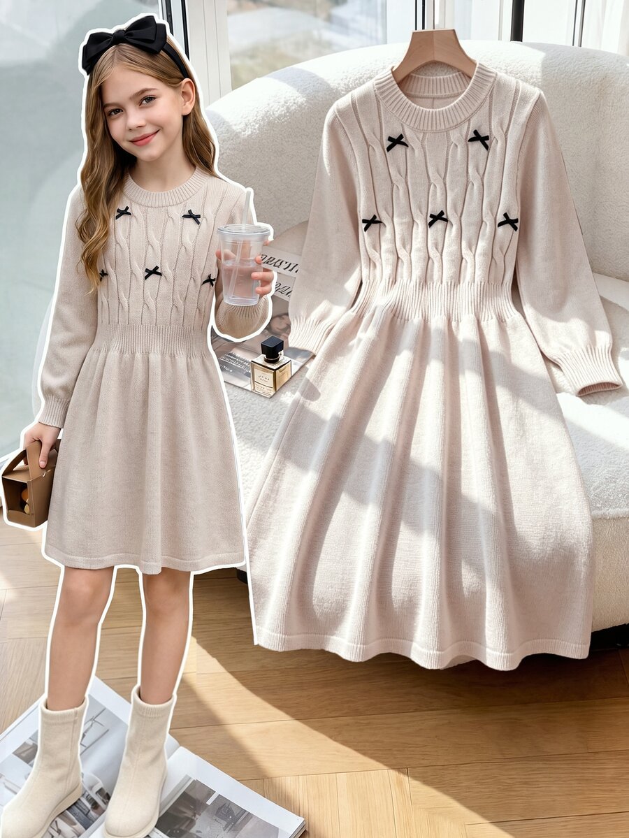 SHEIN Tween Girls' Autumn/Winter Fashion New Heavy Craft Handmade Bow Round Neck Long Sleeve Knit Dress, Twisted Rope Minimalist Long Sleeve, Suitable For Autumn/Winter Season, Suitable For Daily Wear, School, Outings, Gatherings, Suitable For Autumn/Winter - Khaki - View 1
