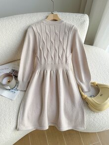 SHEIN Tween Girls' Autumn/Winter Fashion New Heavy Craft Handmade Bow Round Neck Long Sleeve Knit Dress, Twisted Rope Minimalist Long Sleeve, Suitable For Autumn/Winter Season, Suitable For Daily Wear, School, Outings, Gatherings, Suitable For Autumn/Winter - Khaki - View 2