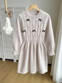 SHEIN Tween Girls' Autumn/Winter Fashion New Heavy Craft Handmade Bow Round Neck Long Sleeve Knit Dress, Twisted Rope Minimalist Long Sleeve, Suitable For Autumn/Winter Season, Suitable For Daily Wear, School, Outings, Gatherings, Suitable For Autumn/Winter - Khaki - View 6