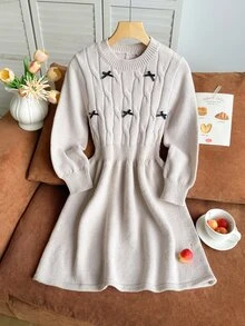 SHEIN Tween Girls' Autumn/Winter Fashion New Heavy Craft Handmade Bow Round Neck Long Sleeve Knit Dress, Twisted Rope Minimalist Long Sleeve, Suitable For Autumn/Winter Season, Suitable For Daily Wear, School, Outings, Gatherings, Suitable For Autumn/Winter - Khaki - View 5