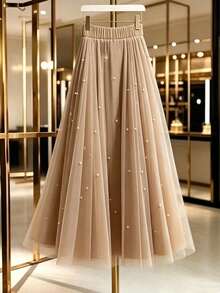 GlowEve CURVE Plus Size Women's French Vintage Elegant Intellectual Style Pearl Decorated Skirt, Suitable For Office Commute, Daily Date, Light Business Occasions - Brown - View 3