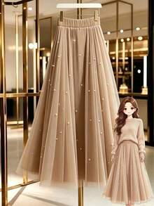 GlowEve CURVE Plus Size Women's French Vintage Elegant Intellectual Style Pearl Decorated Skirt, Suitable For Office Commute, Daily Date, Light Business Occasions - Brown - View 1