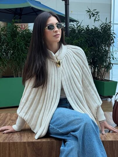 Serisse Women's Cream Ribbed Knit Cardigan Cape Poncho Open Front Gold Button Long Sleeve Loose Fit Elegant Coatigan Knitwear Fall Winter Casual Office Wear