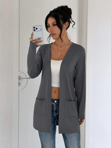 SHEIN LUNE Women's Solid Color Long Sleeve Dual Pocket Casual Lightweight Jacket - Dark Grey - View 1