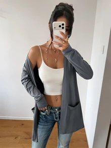 SHEIN LUNE Women's Solid Color Long Sleeve Dual Pocket Casual Lightweight Jacket - Dark Grey - View 3