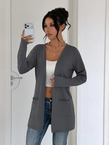 SHEIN LUNE Women's Solid Color Long Sleeve Dual Pocket Casual Lightweight Jacket - Dark Grey - View 5