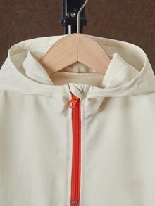 SHEIN 小男孩連帽半拉鍊拼色運動套裝，休閒運動風長袖上衣與慢跑長褲，適合日常上學、幼童、海灘粉色秋季款 - 杏色 - 查看 6