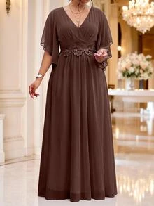 Fleurora Haze Blue Plus Size Lace 3D Floral Spring/Summer Shiny Curve Dress For Wedding/Evening/Formal Banquet/Cocktail/Party/Graduation/Birthday Party And Other Formal Occasions Fashion Series - Brown - View 5