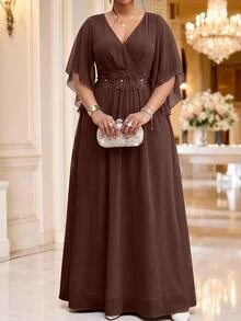 Fleurora Haze Blue Plus Size Lace 3D Floral Spring/Summer Shiny Curve Dress For Wedding/Evening/Formal Banquet/Cocktail/Party/Graduation/Birthday Party And Other Formal Occasions Fashion Series - Brown - View 1