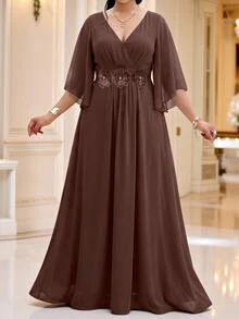 Fleurora Haze Blue Plus Size Lace 3D Floral Spring/Summer Shiny Curve Dress For Wedding/Evening/Formal Banquet/Cocktail/Party/Graduation/Birthday Party And Other Formal Occasions Fashion Series - Brown - View 3