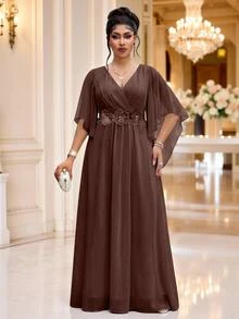 Fleurora Haze Blue Plus Size Lace 3D Floral Spring/Summer Shiny Curve Dress For Wedding/Evening/Formal Banquet/Cocktail/Party/Graduation/Birthday Party And Other Formal Occasions Fashion Series - Brown - View 7