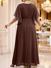 Fleurora Haze Blue Plus Size Lace 3D Floral Spring/Summer Shiny Curve Dress For Wedding/Evening/Formal Banquet/Cocktail/Party/Graduation/Birthday Party And Other Formal Occasions Fashion Series - Brown - View 2