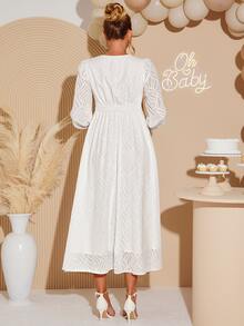Loomaby Elegant Solid Color Textured Maternity Party Dress,Gender Reveal Dress,Maternity Dress,Baby Shower Dress Fall - White - View 9