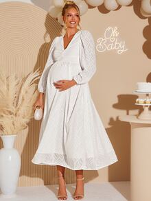 Loomaby Elegant Solid Color Textured Maternity Party Dress,Gender Reveal Dress,Maternity Dress,Baby Shower Dress Fall - White - View 4
