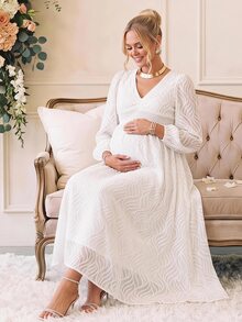 Loomaby Elegant Solid Color Textured Maternity Party Dress,Gender Reveal Dress,Maternity Dress,Baby Shower Dress Fall - White - View 1