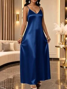 SHEIN Lady Plus Size Women's Solid Color Elegant Sexy Long Spaghetti Strap Dress Party Date Night Navy Blue Summer - Navy Blue - View 4
