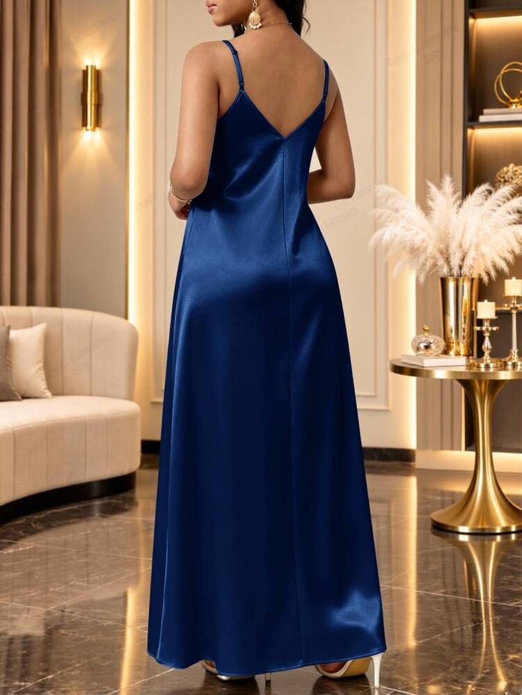 SHEIN Lady Plus Size Women's Solid Color Elegant Sexy Long Spaghetti Strap Dress Party Date Night Navy Blue Summer - Navy Blue - View 3