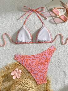 SHEIN Swim 女士夏季海灘條紋印花頸後綁式比基尼套裝，附隨機印花圖案 - 彩色 - 查看 2