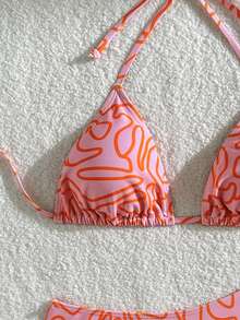 SHEIN Swim 女士夏季海灘條紋印花頸後綁式比基尼套裝，附隨機印花圖案 - 彩色 - 查看 7