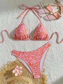 SHEIN Swim 女士夏季海灘條紋印花頸後綁式比基尼套裝，附隨機印花圖案 - 彩色 - 查看 5