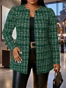 SHEIN Lady Damen-Sakko in großen Größen, elegant und lässig, mit Karomuster, vorne offen, für Herbst-Outfits, Kleider, Urlaub, Büro und Business, Olivgrün - Grün - Übersicht 5