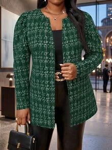 SHEIN Lady Damen-Sakko in großen Größen, elegant und lässig, mit Karomuster, vorne offen, für Herbst-Outfits, Kleider, Urlaub, Büro und Business, Olivgrün - Grün - Übersicht 2