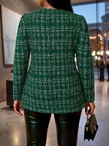 SHEIN Lady Damen-Sakko in großen Größen, elegant und lässig, mit Karomuster, vorne offen, für Herbst-Outfits, Kleider, Urlaub, Büro und Business, Olivgrün - Grün - Übersicht 3