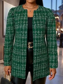 SHEIN Lady Damen-Sakko in großen Größen, elegant und lässig, mit Karomuster, vorne offen, für Herbst-Outfits, Kleider, Urlaub, Büro und Business, Olivgrün - Grün - Übersicht 4