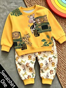 嬰幼兒圓領休閒套頭衛衣，經典可愛手繪童話動物世界圖案印花，動物保護巡邏隊，豹、虎、獅、斑馬、鱷魚圖案印花，適合秋冬，保暖內裡加厚 - 彩色 - 查看 1