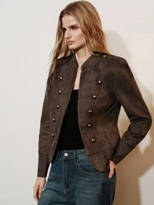 Aveloria Modichic Women's Jacket Slim Cropped Textured Napoleon Double Breasted Button Modern Brown Solid Halloween Costume Napoleon Jacket Women Fall Jacket Halloween - Coffee Brown - View 5