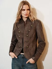 Aveloria Modichic Women's Jacket Slim Cropped Textured Napoleon Double Breasted Button Modern Brown Solid Halloween Costume Napoleon Jacket Women Fall Jacket Halloween - Coffee Brown - View 6