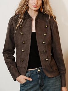 Aveloria Modichic Women's Jacket Slim Cropped Textured Napoleon Double Breasted Button Modern Brown Solid Halloween Costume Napoleon Jacket Women Fall Jacket Halloween - Coffee Brown - View 1